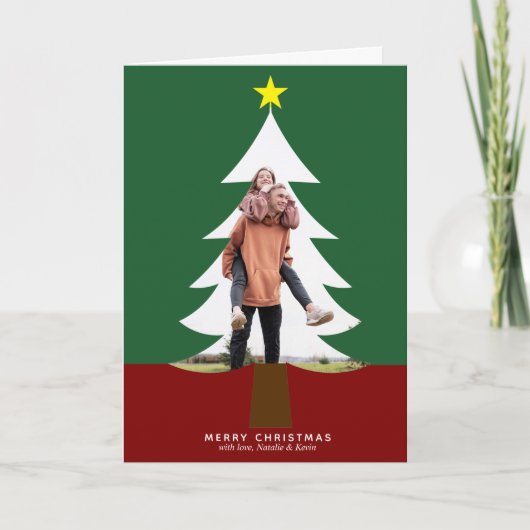 Kerstboom Foto van Cutout Modern Green Red Cute Feestdagen Kaart (Voorkant)