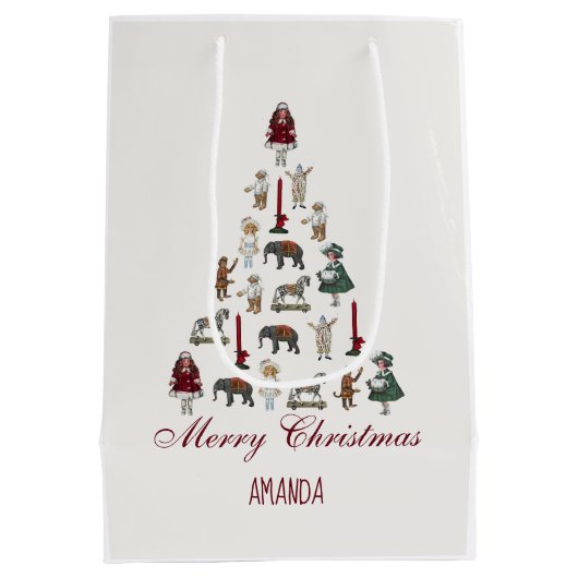 Kerstboom gemaakt van speelgoed, rood script medium cadeauzakje (Achterkant)