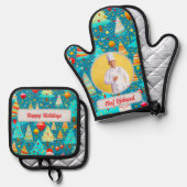 Kerstboom Gepersonaliseerde Foto en Naam Gift Ovenwant & Pannenlap Set (Voorkant / Achterkant)