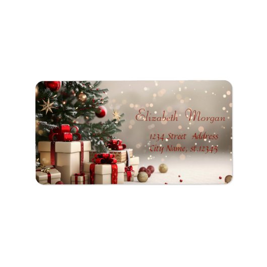 Kerstboom Geschenken Bokeh Etiket (Voorkant)