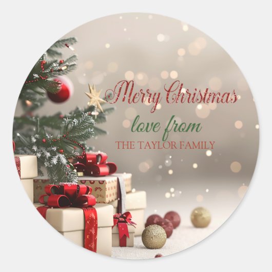 Kerstboom Geschenken Bokeh Prettig Kerstfeest Ronde Sticker (Voorkant)