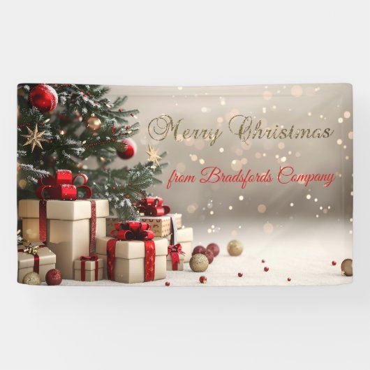 Kerstboom Geschenken Bokeh Prettig Kerstfeest Spandoek (Horizontaal)