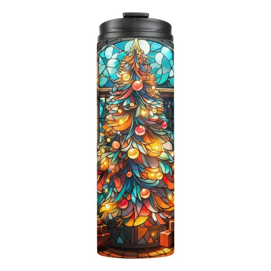 Kerstboom Glas in lood Tumbler cadeau Thermosbeker (Voorkant)