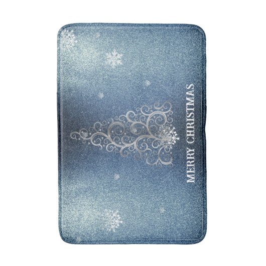 Kerstboom Glitter en Sneeuwvlokken | Blauw Badmat (Voorkant Verticaal)