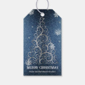 Kerstboom Glitter en Sneeuwvlokken | Blauw Cadeaulabel (Voorkant)