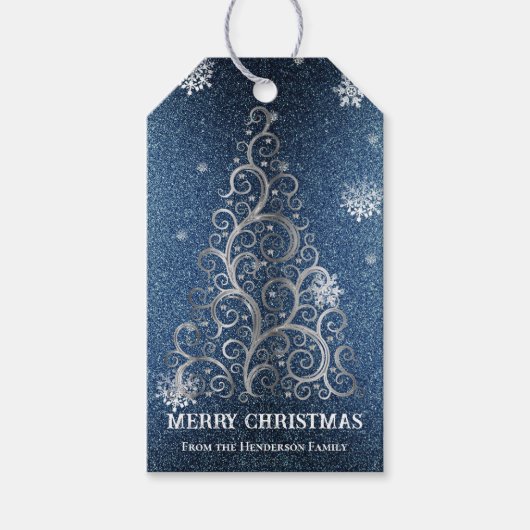 Kerstboom Glitter en Sneeuwvlokken | Blauw Cadeaulabel (Voorkant)