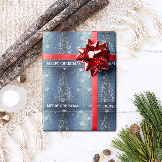 Kerstboom Glitter en Sneeuwvlokken | Blauw Cadeaupapier