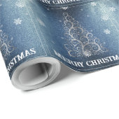 Kerstboom Glitter en Sneeuwvlokken | Blauw Cadeaupapier (Rol Hoek)