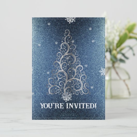 Kerstboom Glitter en Sneeuwvlokken | Blauw feest Kaart (Staand voorkant)