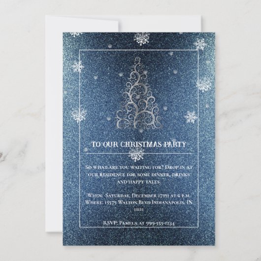 Kerstboom Glitter en Sneeuwvlokken | Blauw feest Kaart (Achterkant)
