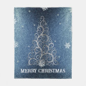 Kerstboom Glitter en Sneeuwvlokken | Blauw Fleece Deken (Voorkant)