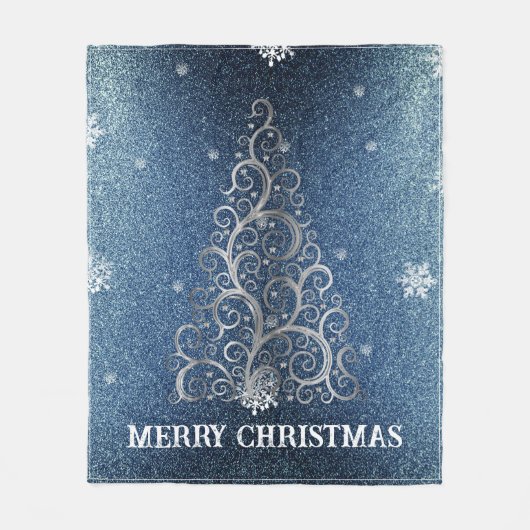 Kerstboom Glitter en Sneeuwvlokken | Blauw Fleece Deken (Voorkant)