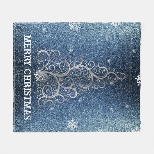 Kerstboom Glitter en Sneeuwvlokken | Blauw Fleece Deken (Voorkant (Horizontaal))