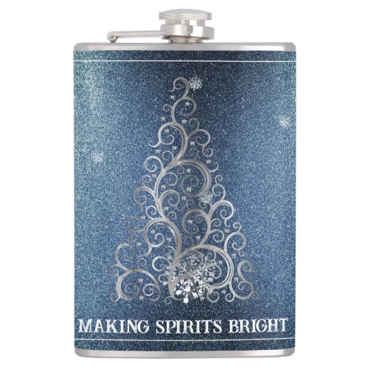 Kerstboom Glitter en Sneeuwvlokken | Blauw Heupfles (Voorkant)