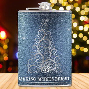 Kerstboom Glitter en Sneeuwvlokken   Blauw Heupfles