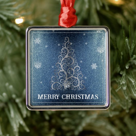 Kerstboom Glitter en Sneeuwvlokken | Blauw Metalen Ornament (Boom)