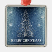 Kerstboom Glitter en Sneeuwvlokken | Blauw Metalen Ornament (Voorkant)