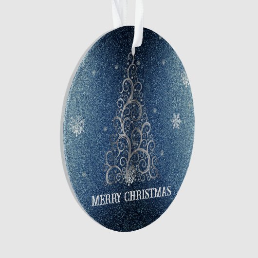 Kerstboom Glitter en Sneeuwvlokken | Blauw Ornament (voorkant)