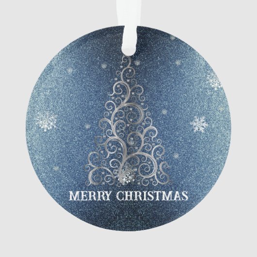Kerstboom Glitter en Sneeuwvlokken | Blauw Ornament (achterkant)