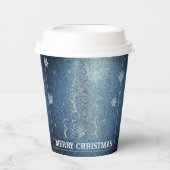 Kerstboom Glitter en Sneeuwvlokken | Blauw Papieren Bekers (Voorkant)