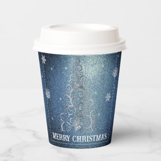 Kerstboom Glitter en Sneeuwvlokken | Blauw Papieren Bekers (Voorkant)