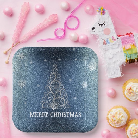 Kerstboom Glitter en Sneeuwvlokken | Blauw Papieren Bordje (Feest)