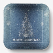 Kerstboom Glitter en Sneeuwvlokken | Blauw Papieren Bordje (Voorkant)