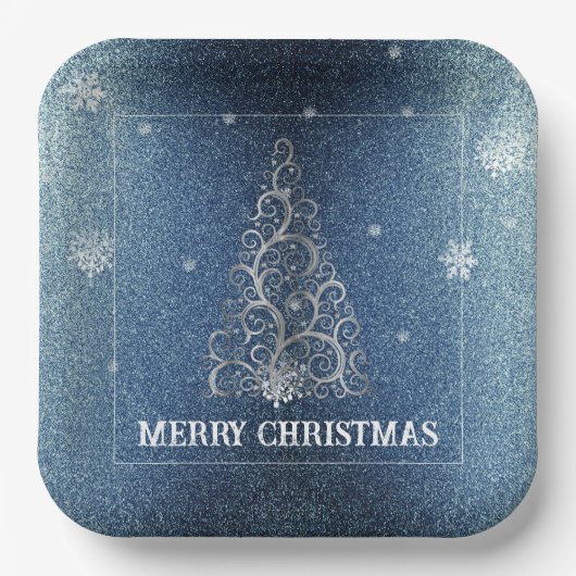 Kerstboom Glitter en Sneeuwvlokken | Blauw Papieren Bordje (Voorkant)