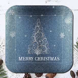 Kerstboom Glitter en Sneeuwvlokken Blauw Papieren Bordje