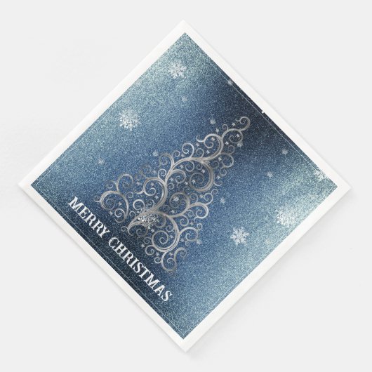 Kerstboom Glitter en Sneeuwvlokken | Blauw Servet (Hoek)