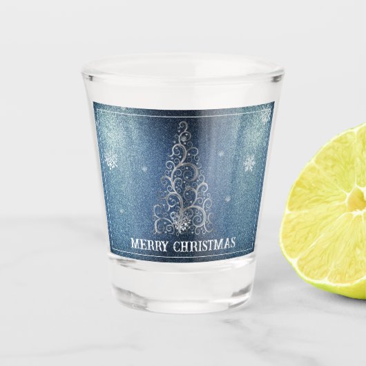 Kerstboom Glitter en Sneeuwvlokken | Blauw Shot Glas (Voorkant)
