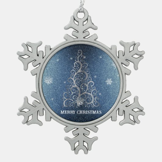Kerstboom Glitter en Sneeuwvlokken | Blauw Tin Sneeuwvlok Ornament (Voorkant)