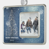 Kerstboom Glitter en Sneeuwvlokken | Blauw Verzilverd Omlijst Ornament (Links)