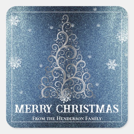 Kerstboom Glitter en Sneeuwvlokken | Blauw Vierkante Sticker (Voorkant)