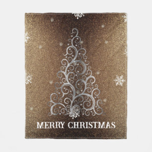 Kerstboom Glitter en Sneeuwvlokken   Goud Fleece Deken