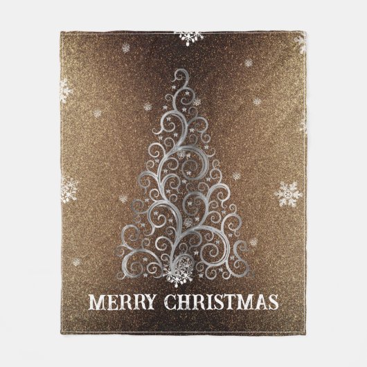 Kerstboom Glitter en Sneeuwvlokken | Goud Fleece Deken (Voorkant)