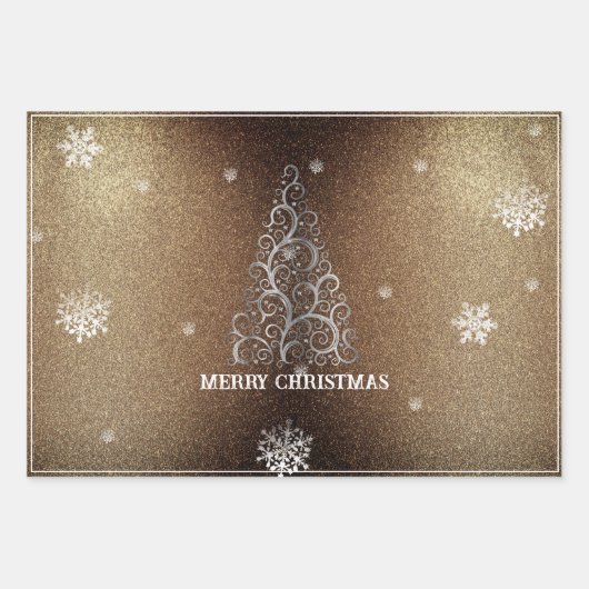 Kerstboom Glitter en Sneeuwvlokken | Goud Inpakpapier Vel (Voorkant)