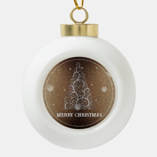 Kerstboom Glitter en Sneeuwvlokken | Goud Keramische Bal Ornament (Voorkant)