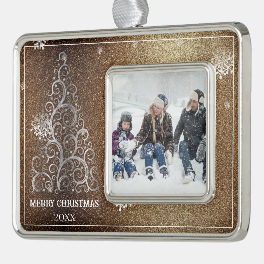 Kerstboom Glitter en Sneeuwvlokken | Goud Verzilverd Omlijst Ornament (Links)