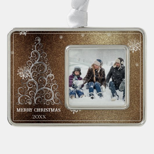 Kerstboom Glitter en Sneeuwvlokken | Goud Verzilverd Omlijst Ornament (Voorkant)