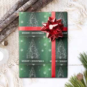 Kerstboom Glitter en Sneeuwvlokken   Groen Cadeaupapier