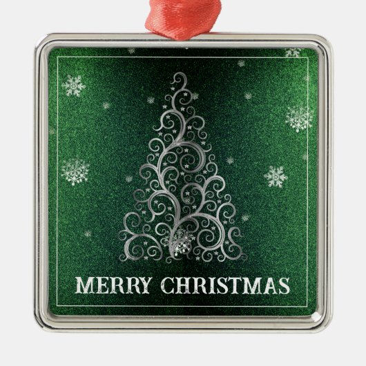 Kerstboom Glitter en Sneeuwvlokken | Groen Metalen Ornament (Voorkant)