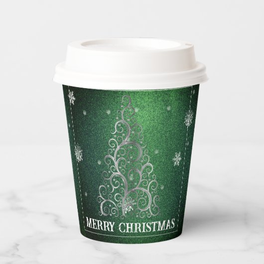 Kerstboom Glitter en Sneeuwvlokken | Groen Papieren Bekers (Voorkant)