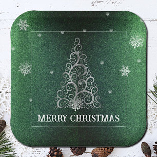 Kerstboom Glitter en Sneeuwvlokken Groen Papieren Bordje