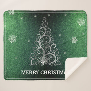 Kerstboom Glitter en Sneeuwvlokken   Groen Sherpa Deken