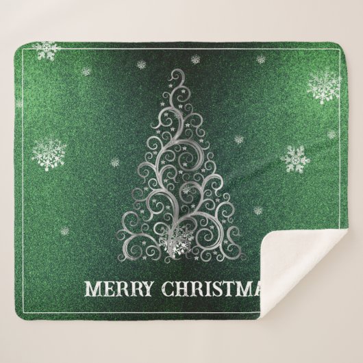 Kerstboom Glitter en Sneeuwvlokken | Groen Sherpa Deken (Voorkant (horizontaal))