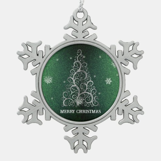 Kerstboom Glitter en Sneeuwvlokken | Groen Tin Sneeuwvlok Ornament (Voorkant)