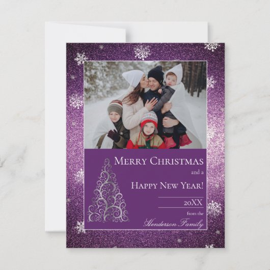Kerstboom Glitter en Sneeuwvlokken | magenta Feestdagenkaart (Voorkant)