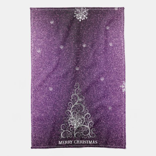 Kerstboom Glitter en Sneeuwvlokken | magenta Theedoek (Verticaal)