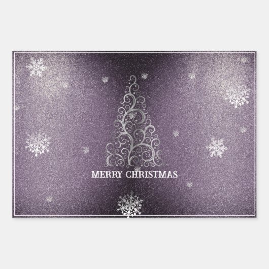 Kerstboom Glitter en Sneeuwvlokken | PAARSE Inpakpapier Vel (Voorkant)